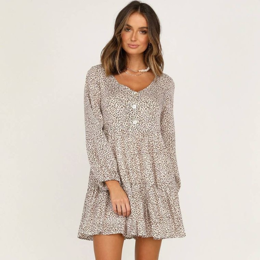 Leopard print v neck long sleeve loose fashion dress